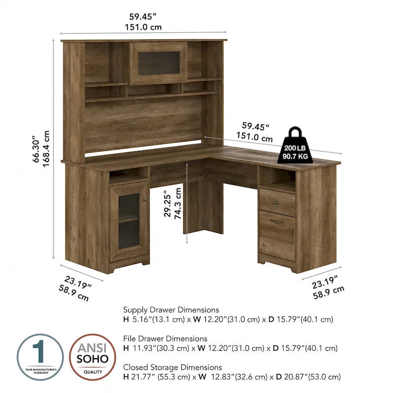 Bureau d'angle 60 W Cabot avec huche et rangement par
