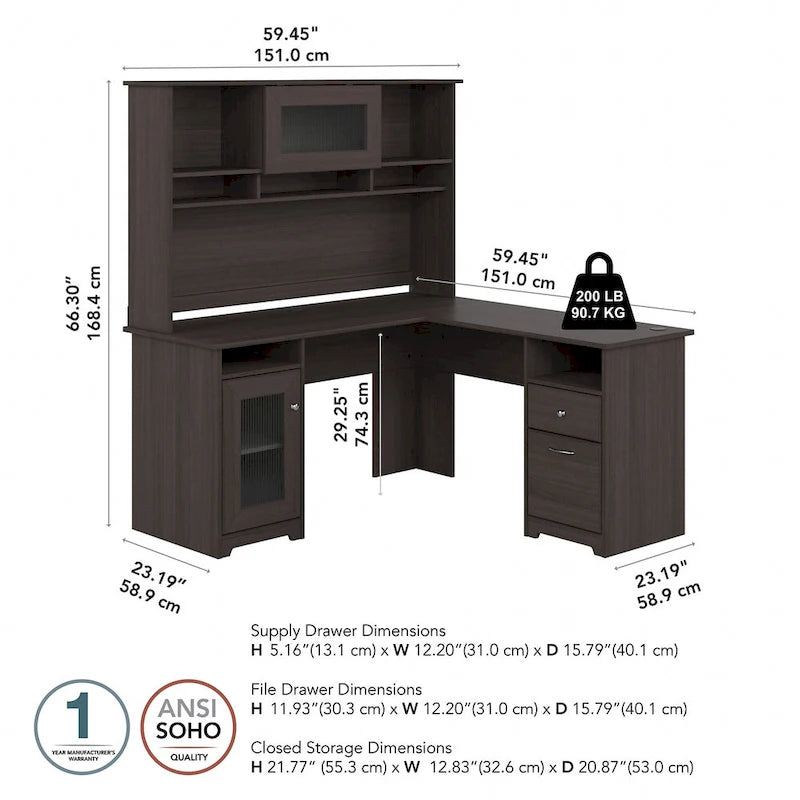 Bureau d'angle 60 W Cabot avec huche et rangement par
