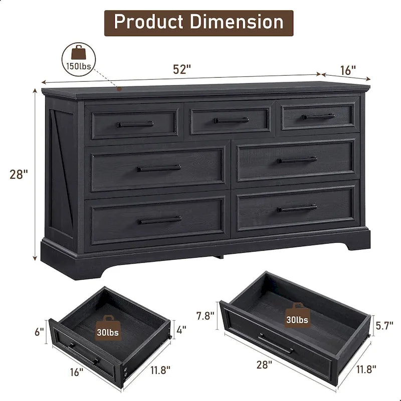 Commode de chambre à 7 tiroirs de style ferme, chiffonnier, meuble TV