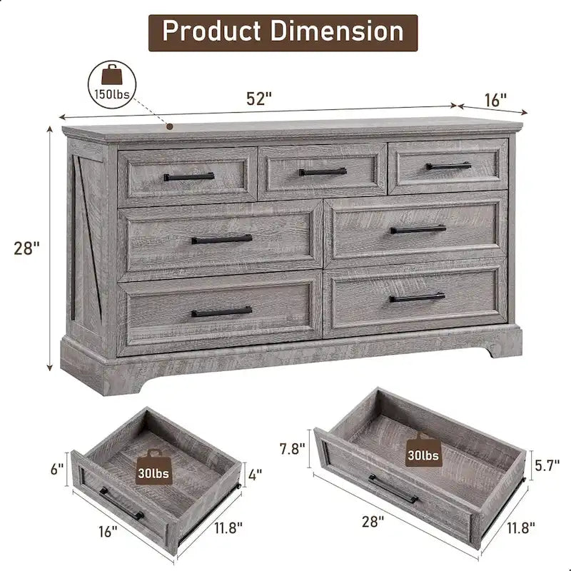Commode de chambre à 7 tiroirs de style ferme, chiffonnier, meuble TV