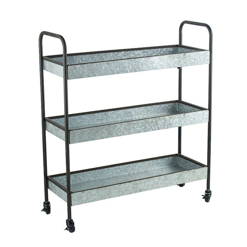 40 Inch Metal Rolling Cart, 3 Tier Shelves, Caster Wheels, Galvanized Gray