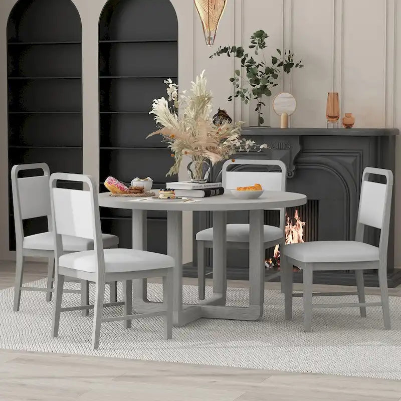 Ensemble table et 4 chaises de salle à manger, ensemble table de cuisine en bois avec table ronde et 4 chaises rembourrées