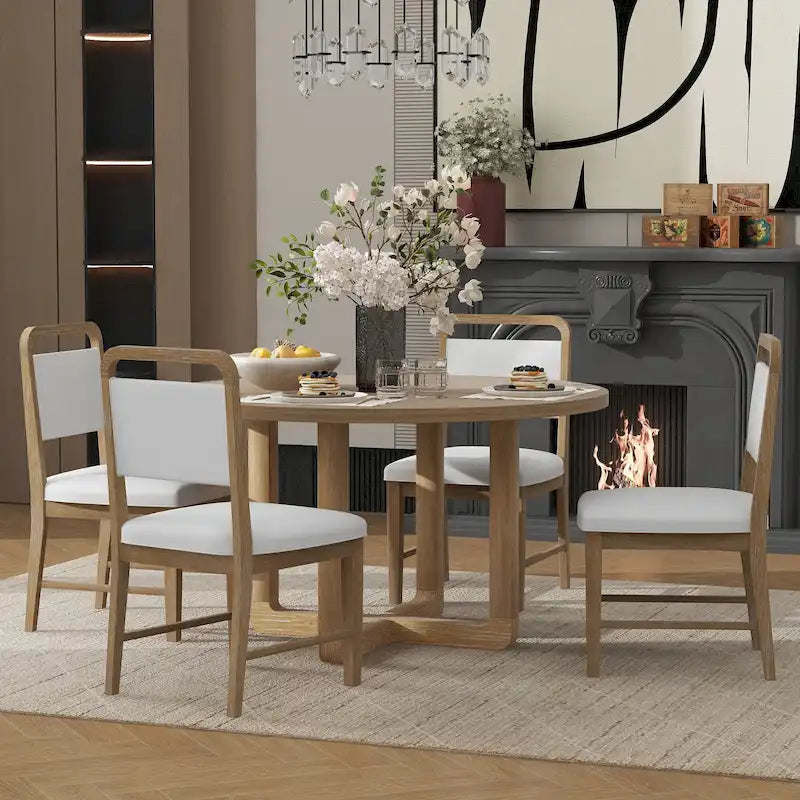 Ensemble table et 4 chaises de salle à manger, ensemble table de cuisine en bois avec table ronde et 4 chaises rembourrées