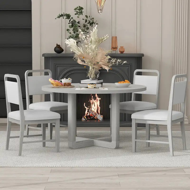 Ensemble table et 4 chaises de salle à manger, ensemble table de cuisine en bois avec table ronde et 4 chaises rembourrées