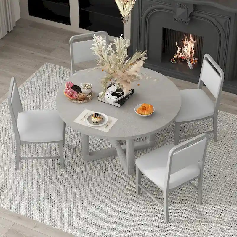 Ensemble table et 4 chaises de salle à manger, ensemble table de cuisine en bois avec table ronde et 4 chaises rembourrées