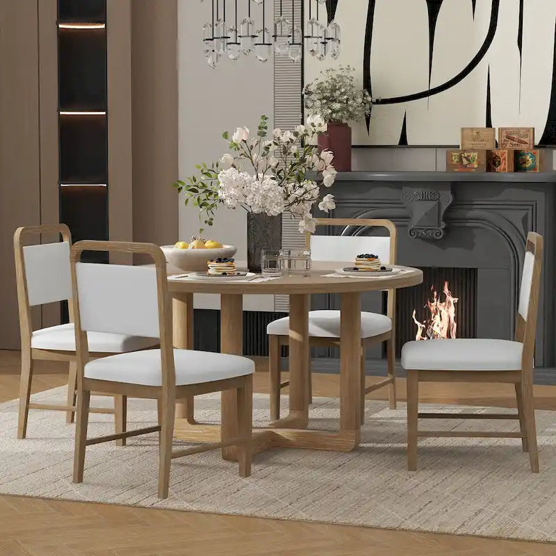 Ensemble table et 4 chaises de salle à manger, ensemble table de cuisine en bois avec table ronde et 4 chaises rembourrées