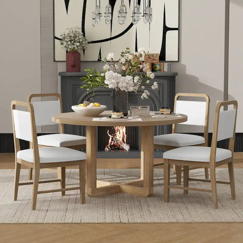 Ensemble table et 4 chaises de salle à manger, ensemble table de cuisine en bois avec table ronde et 4 chaises rembourrées