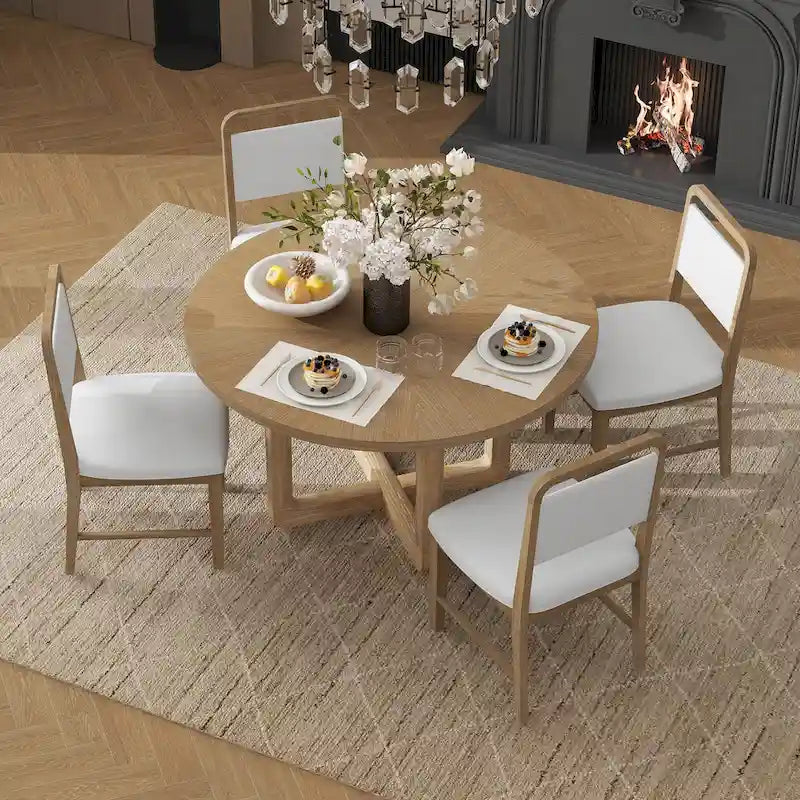 Ensemble table et 4 chaises de salle à manger, ensemble table de cuisine en bois avec table ronde et 4 chaises rembourrées