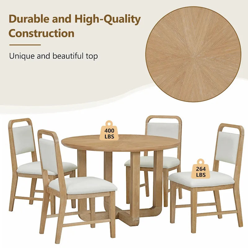 Ensemble table et 4 chaises de salle à manger, ensemble table de cuisine en bois avec table ronde et 4 chaises rembourrées