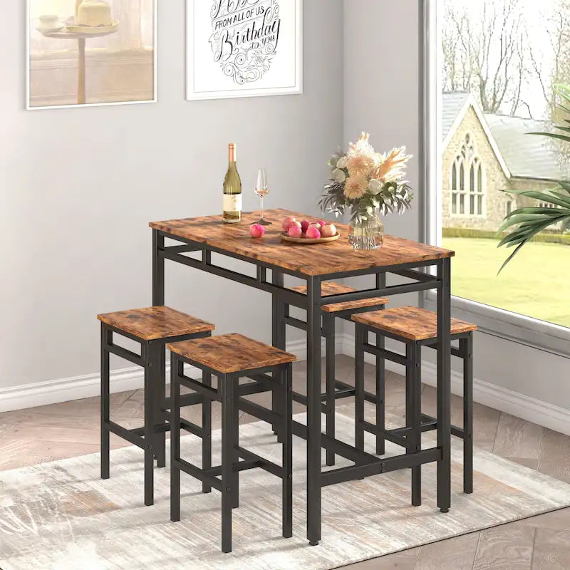 Ensemble table à manger hauteur comptoir avec 4 tabourets de bar, cadre en métal, plateau en bois vintage, table à manger rectangulaire, 5 pièces