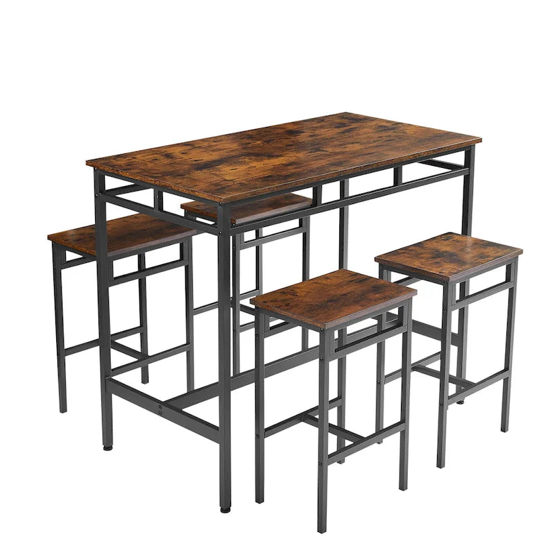 Ensemble table à manger hauteur comptoir avec 4 tabourets de bar, cadre en métal, plateau en bois vintage, table à manger rectangulaire, 5 pièces