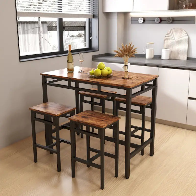 Ensemble table à manger hauteur comptoir avec 4 tabourets de bar, cadre en métal, plateau en bois vintage, table à manger rectangulaire, 5 pièces