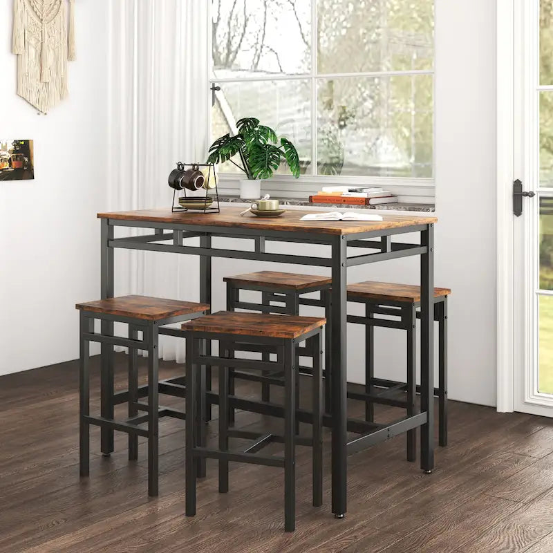 Ensemble table à manger hauteur comptoir avec 4 tabourets de bar, cadre en métal, plateau en bois vintage, table à manger rectangulaire, 5 pièces