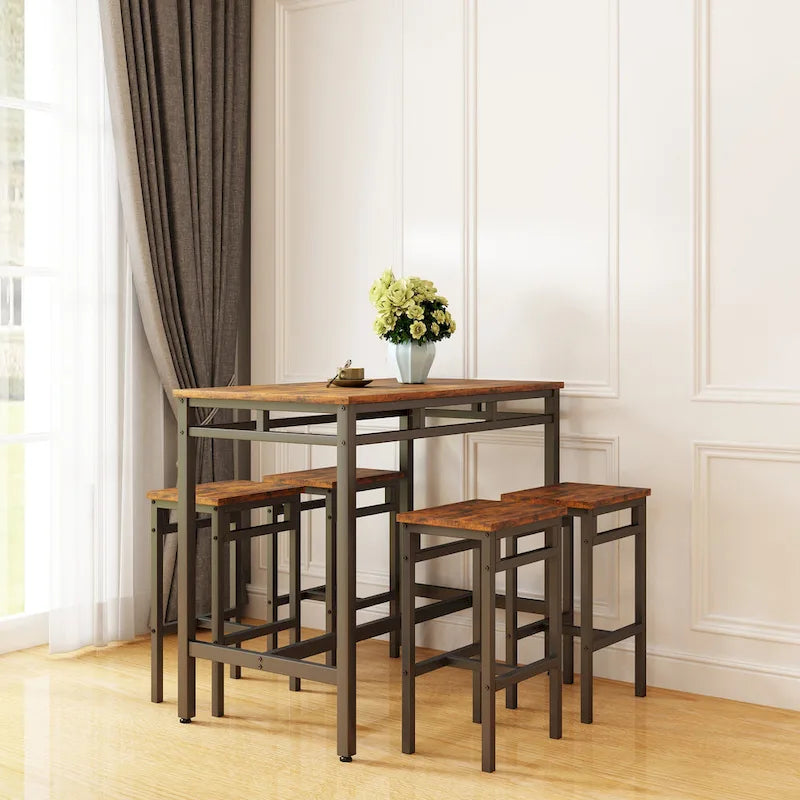 Ensemble table à manger hauteur comptoir avec 4 tabourets de bar, cadre en métal, plateau en bois vintage, table à manger rectangulaire, 5 pièces