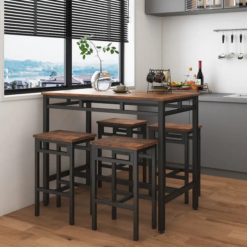 Ensemble table à manger hauteur comptoir avec 4 tabourets de bar, cadre en métal, plateau en bois vintage, table à manger rectangulaire, 5 pièces