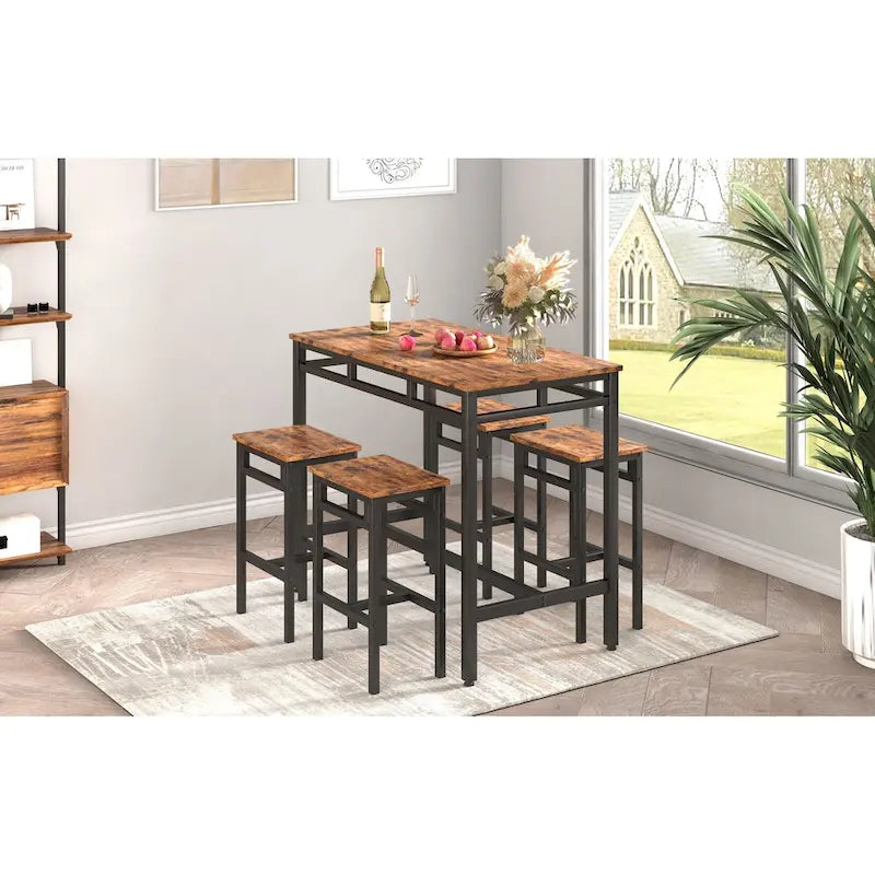 Ensemble table à manger hauteur comptoir avec 4 tabourets de bar, cadre en métal, plateau en bois vintage, table à manger rectangulaire, 5 pièces