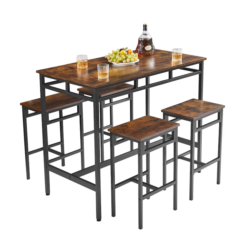 Ensemble table à manger hauteur comptoir avec 4 tabourets de bar, cadre en métal, plateau en bois vintage, table à manger rectangulaire, 5 pièces