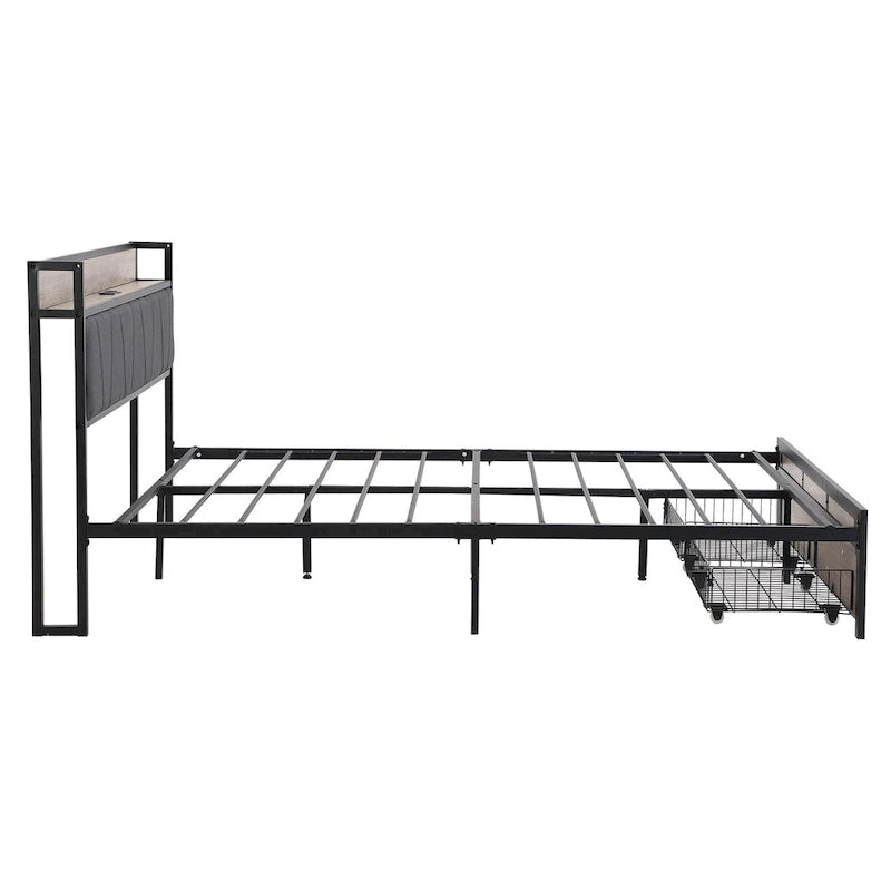 Lit plateforme double en métal avec tiroirs et tête de lit de rangement