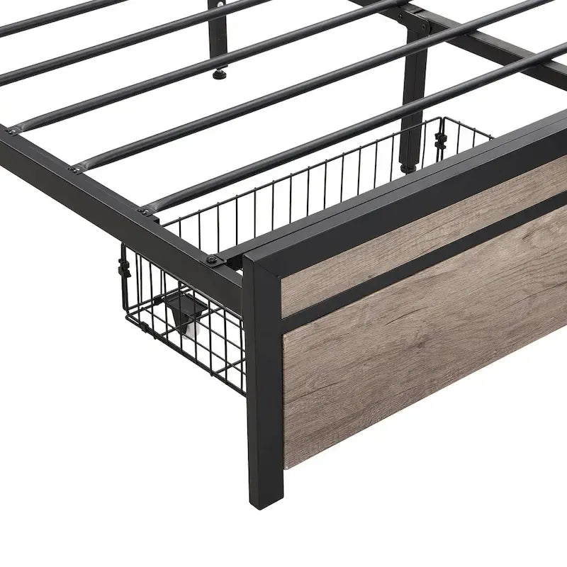 Lit plateforme double en métal avec tiroirs et tête de lit de rangement