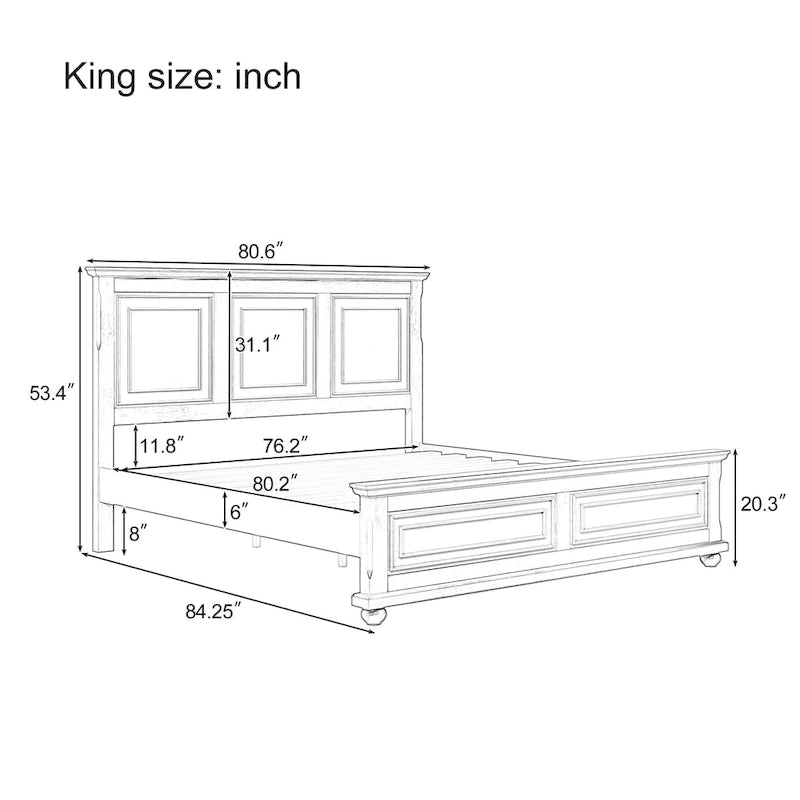 Lit King Size Traditionnel en Pin Blanc avec Support à Lattes en Bois