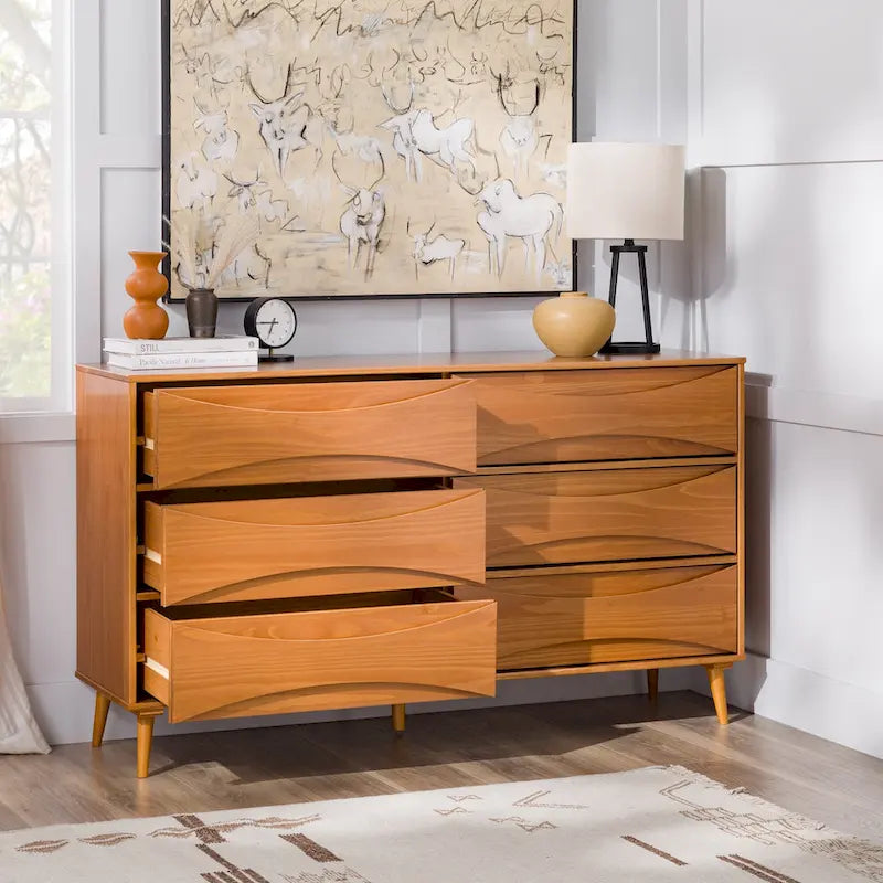 Commode en bois massif à 6 tiroirs, style Mid-Century