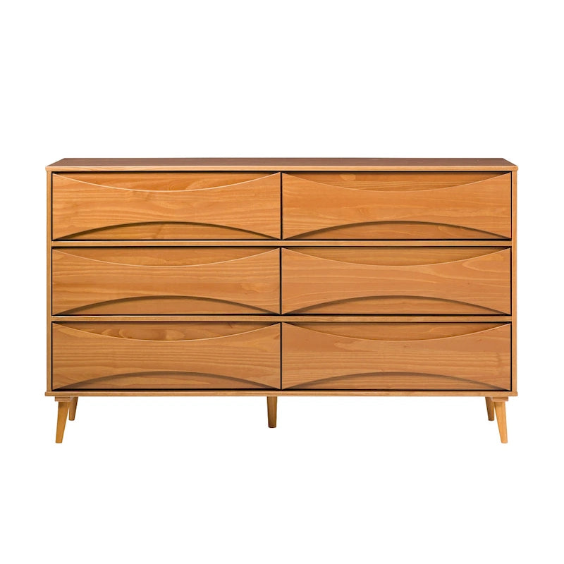 Commode en bois massif à 6 tiroirs, style Mid-Century