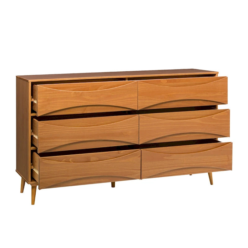 Commode en bois massif à 6 tiroirs, style Mid-Century