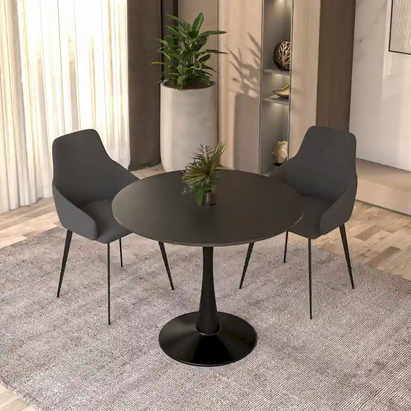 Table à manger ronde de 35 pouces Bristol, style milieu du siècle, plateau en bois et pied central en fer laqué pour cuisine et salle à manger