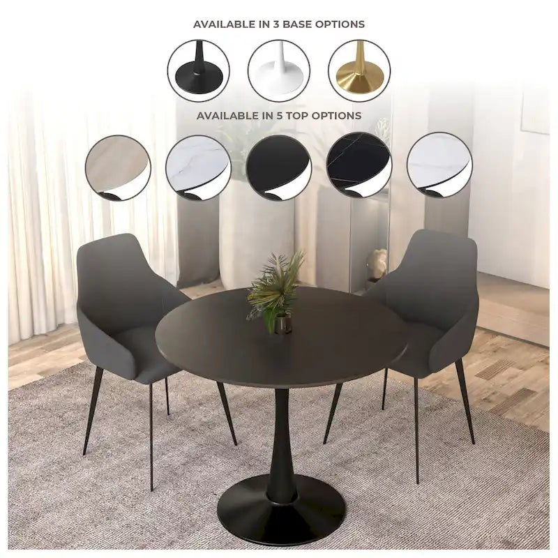 Table à manger ronde de 35 pouces Bristol, style milieu du siècle, plateau en bois et pied central en fer laqué pour cuisine et salle à manger