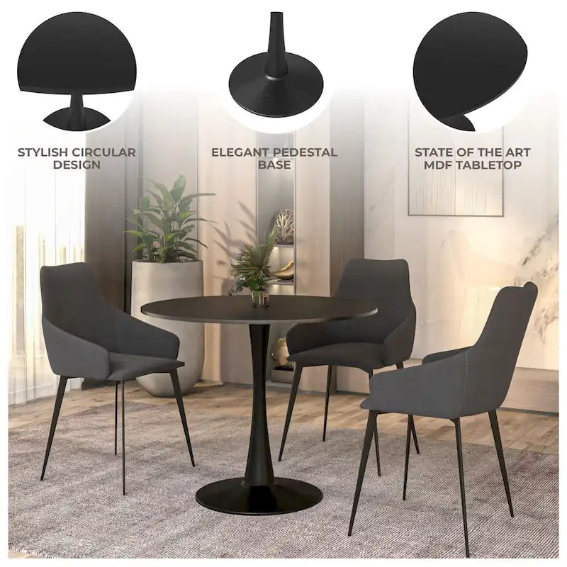 Table à manger ronde de 35 pouces Bristol, style milieu du siècle, plateau en bois et pied central en fer laqué pour cuisine et salle à manger
