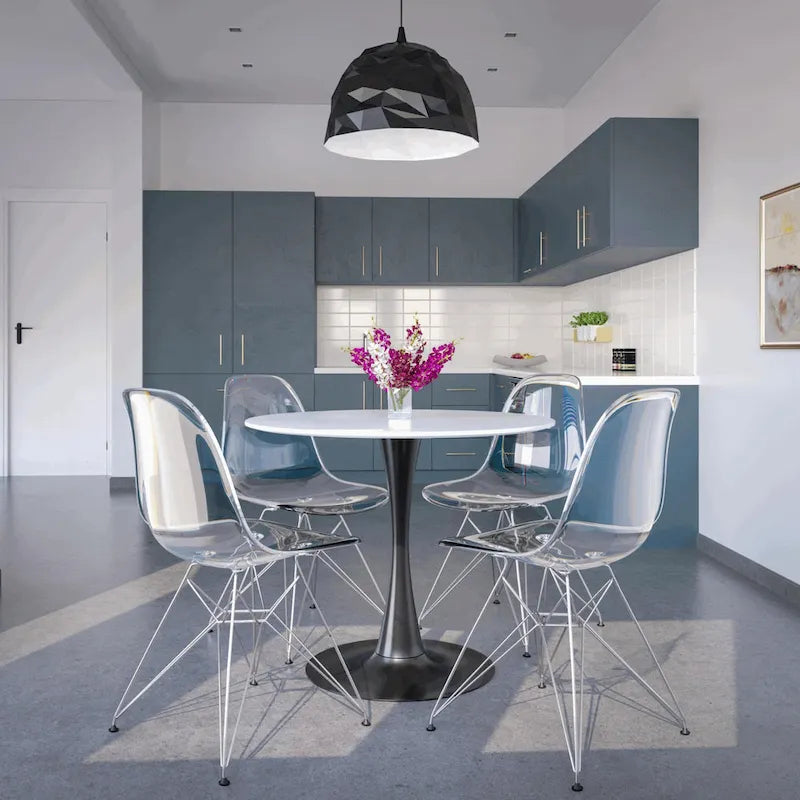 Table à manger ronde de 35 pouces Bristol, style milieu du siècle, plateau en bois et pied central en fer laqué pour cuisine et salle à manger