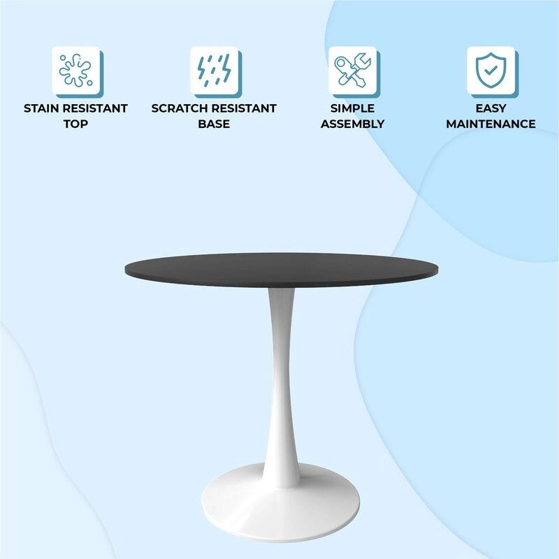 Table à manger ronde de 35 pouces Bristol, style milieu du siècle, plateau en bois et pied central en fer laqué pour cuisine et salle à manger