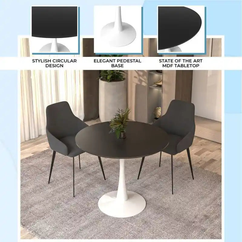 Table à manger ronde de 35 pouces Bristol, style milieu du siècle, plateau en bois et pied central en fer laqué pour cuisine et salle à manger