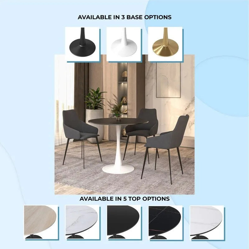 Table à manger ronde de 35 pouces Bristol, style milieu du siècle, plateau en bois et pied central en fer laqué pour cuisine et salle à manger