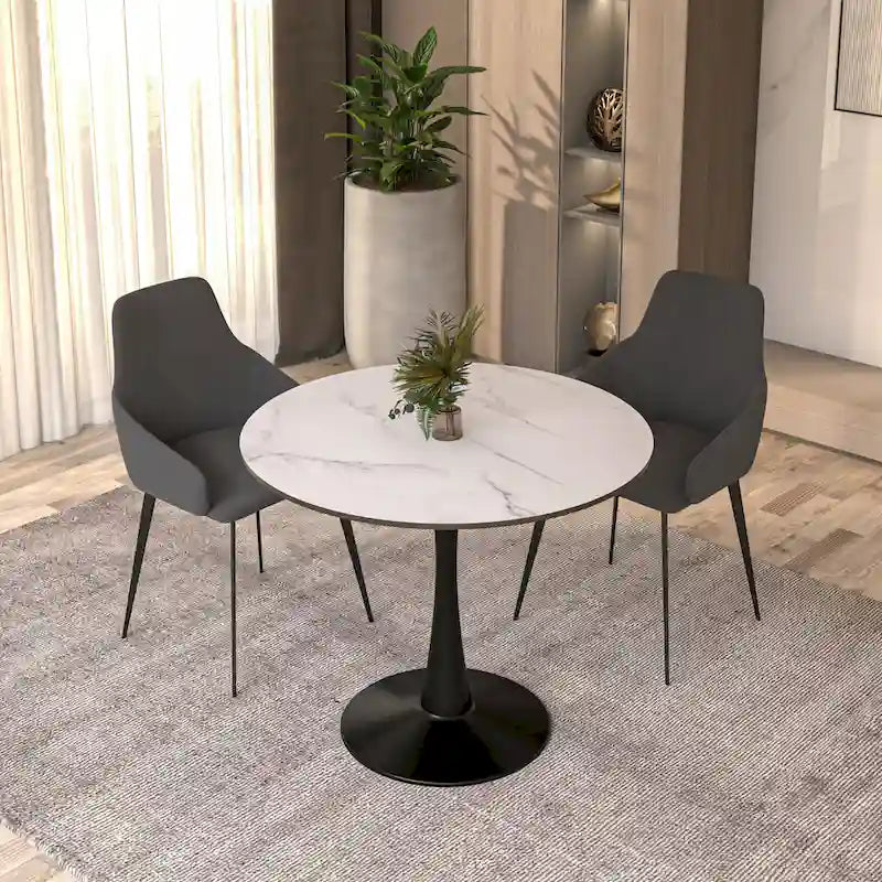 Table à manger ronde de 35 pouces Bristol, style milieu du siècle, plateau en bois et pied central en fer laqué pour cuisine et salle à manger