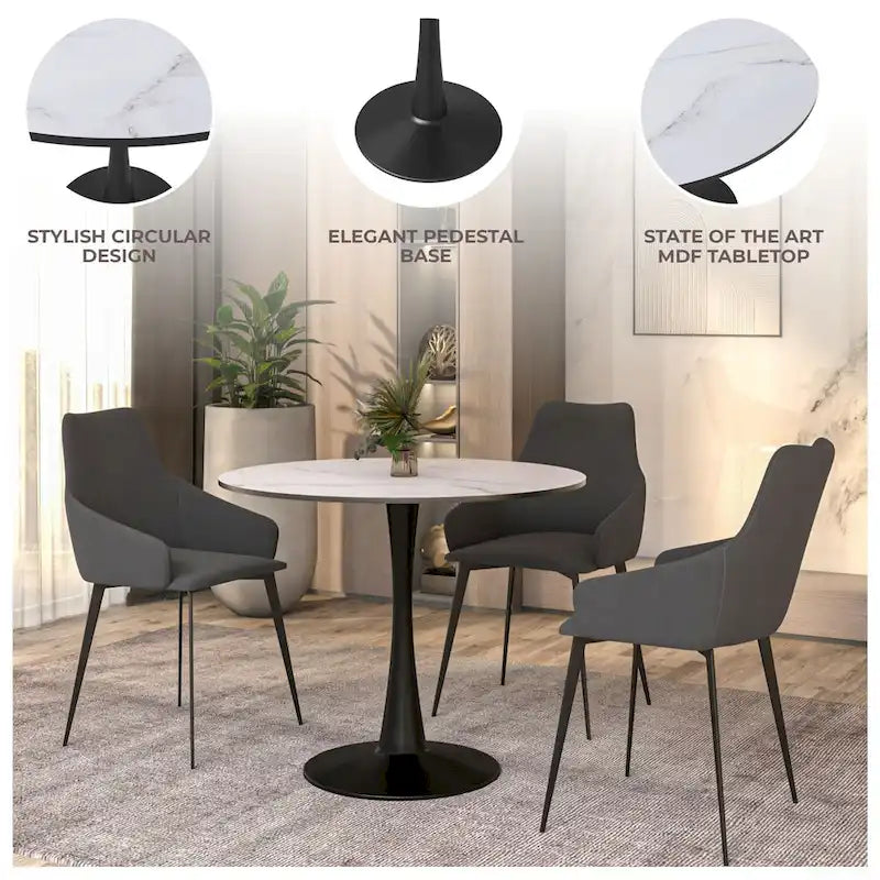 Table à manger ronde de 35 pouces Bristol, style milieu du siècle, plateau en bois et pied central en fer laqué pour cuisine et salle à manger