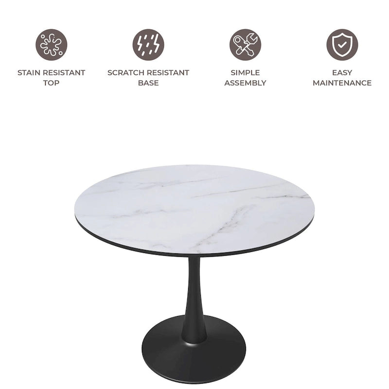 Table à manger ronde de 35 pouces Bristol, style milieu du siècle, plateau en bois et pied central en fer laqué pour cuisine et salle à manger