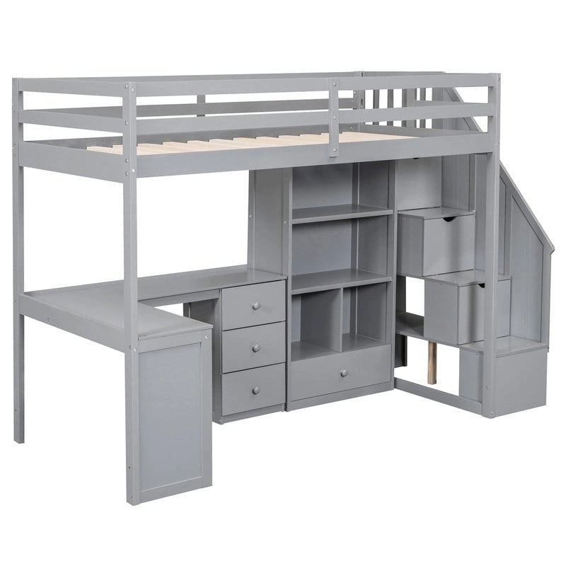 Lit mezzanine double avec bureau en L et tiroirs, armoire et escalier de rangement
