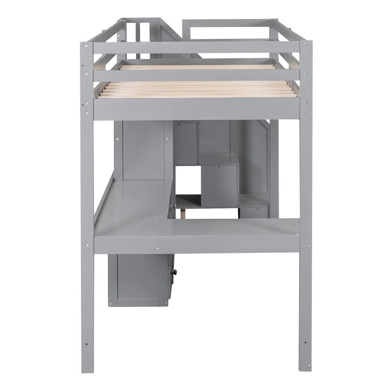 Lit mezzanine double avec bureau en L et tiroirs, armoire et escalier de rangement