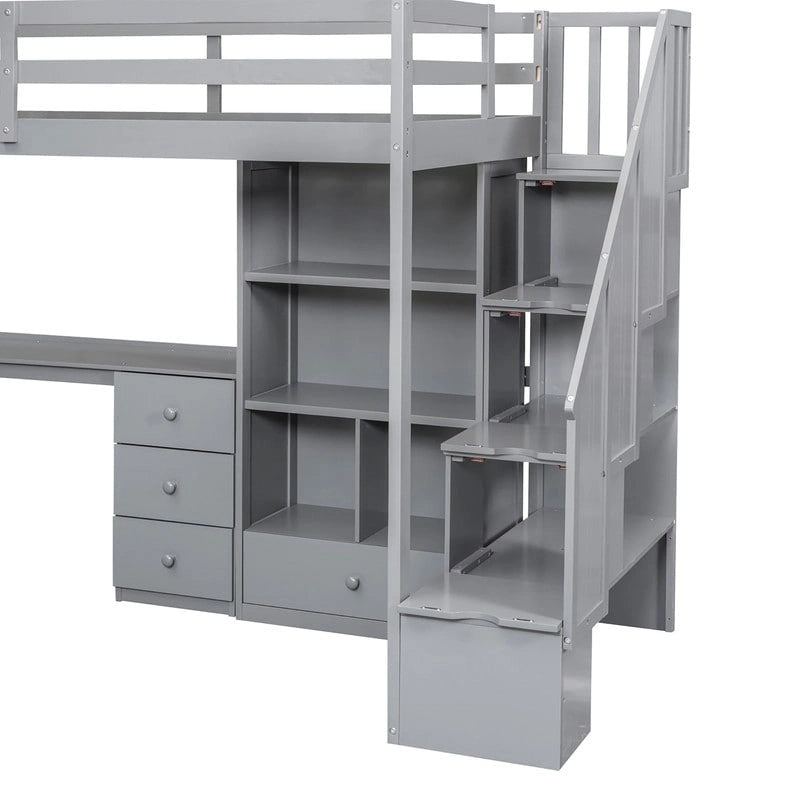 Lit mezzanine double avec bureau en L et tiroirs, armoire et escalier de rangement