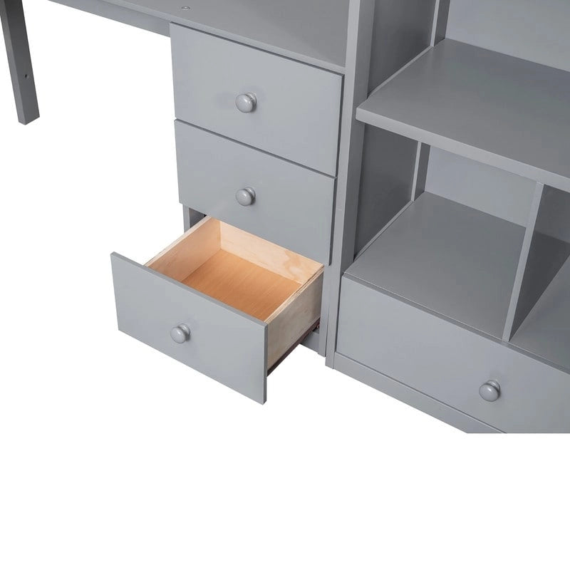 Lit mezzanine double avec bureau en L et tiroirs, armoire et escalier de rangement