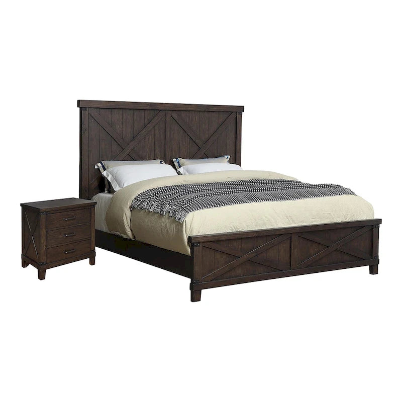 Ensemble de lit et de table de chevet 2 pièces en bois de noyer foncé rustique Epona par