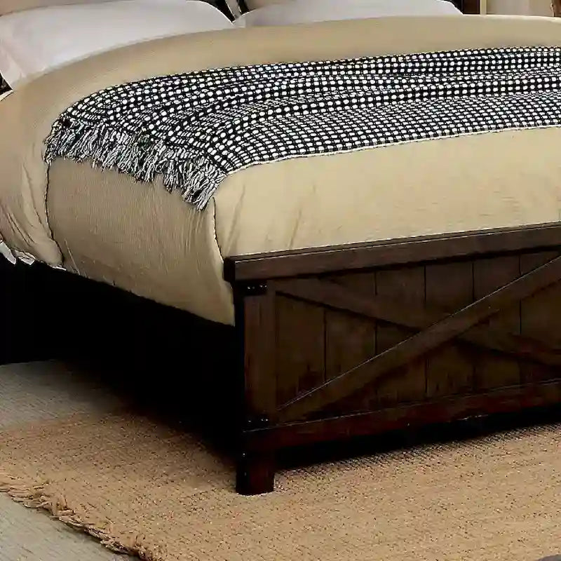 Ensemble de lit et de table de chevet 2 pièces en bois de noyer foncé rustique Epona par