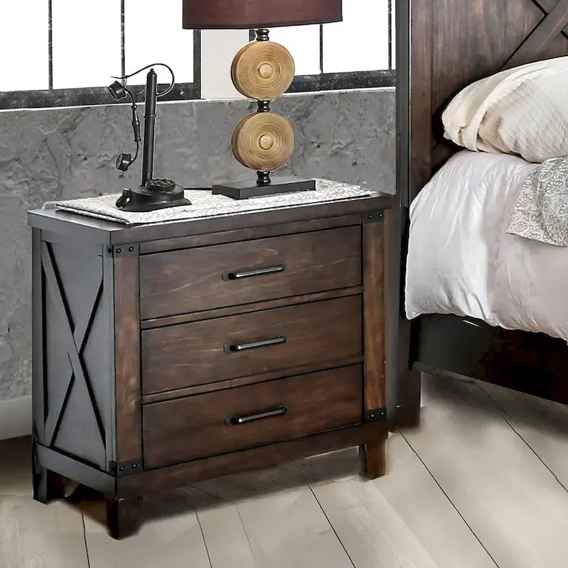 Ensemble de lit et de table de chevet 2 pièces en bois de noyer foncé rustique Epona par