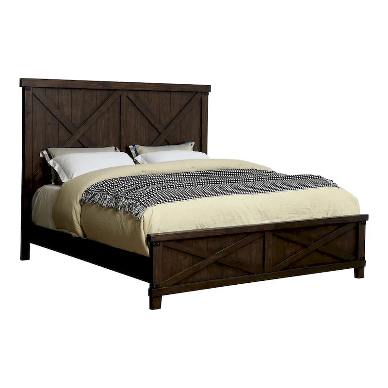 Ensemble de lit et de table de chevet 2 pièces en bois de noyer foncé rustique Epona par