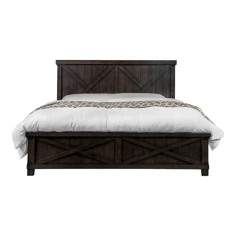 Ensemble de lit et de table de chevet 2 pièces en bois de noyer foncé rustique Epona par