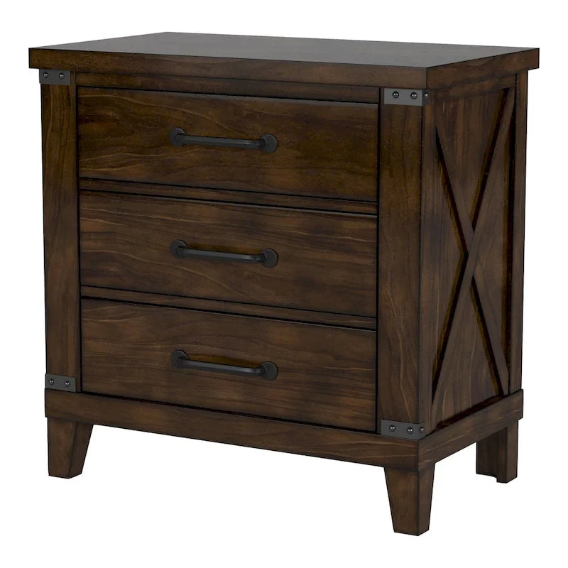 Ensemble de lit et de table de chevet 2 pièces en bois de noyer foncé rustique Epona par