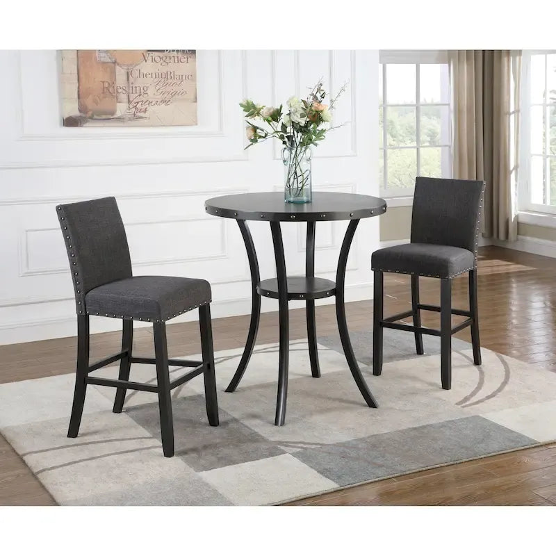 Table de bar expresso ronde 3 pièces Biony 36 avec 2 tabourets de bar cloutés