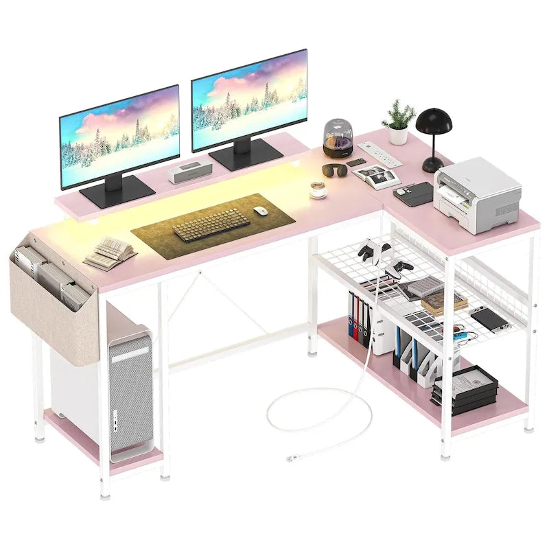 Bureau d'angle moderne avec prises de courant et éclairage LED