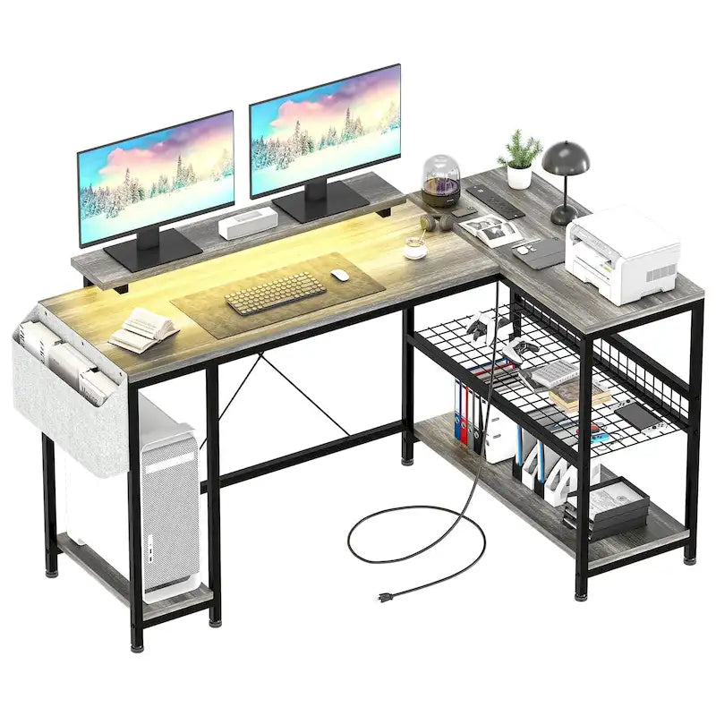 Bureau d'angle moderne avec prises de courant et éclairage LED